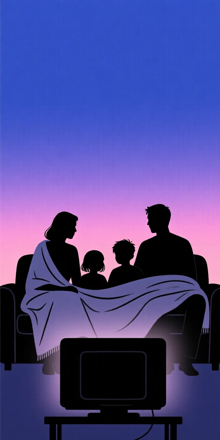 A family gathered on the couch beneath a shared blanket watching a movie.