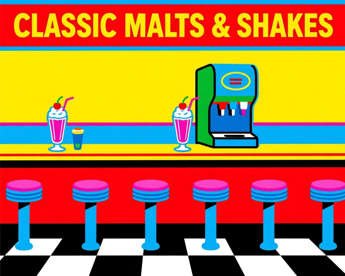 Classic malt shop counter with a checkered tile floor