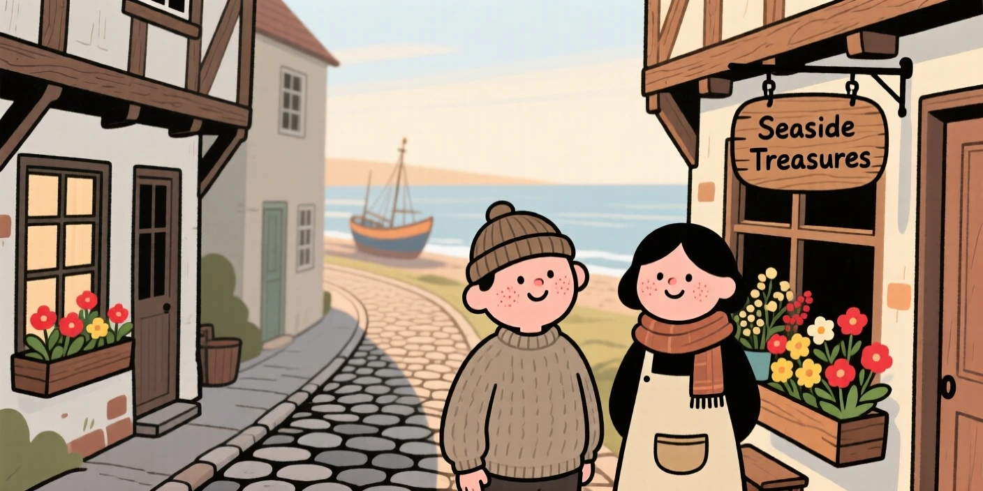A cobblestone lane winds through a small coastal fishing village lined with timber-framed shops and window boxes full of flowers, quiet in the early morning light.