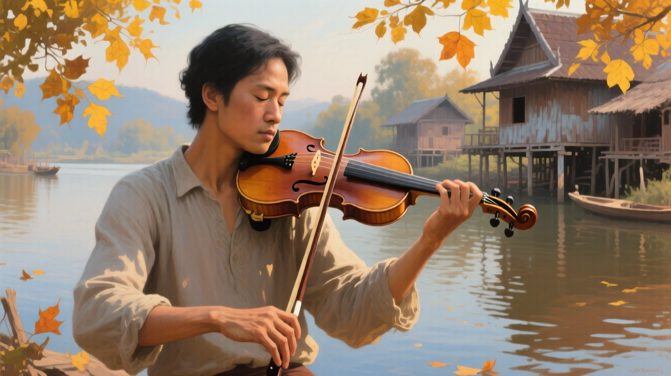 A detailed close shot of a violinist pausing mid-performance, eyes closed in concentration, as autumn leaves turn gold, in a Thai river village.