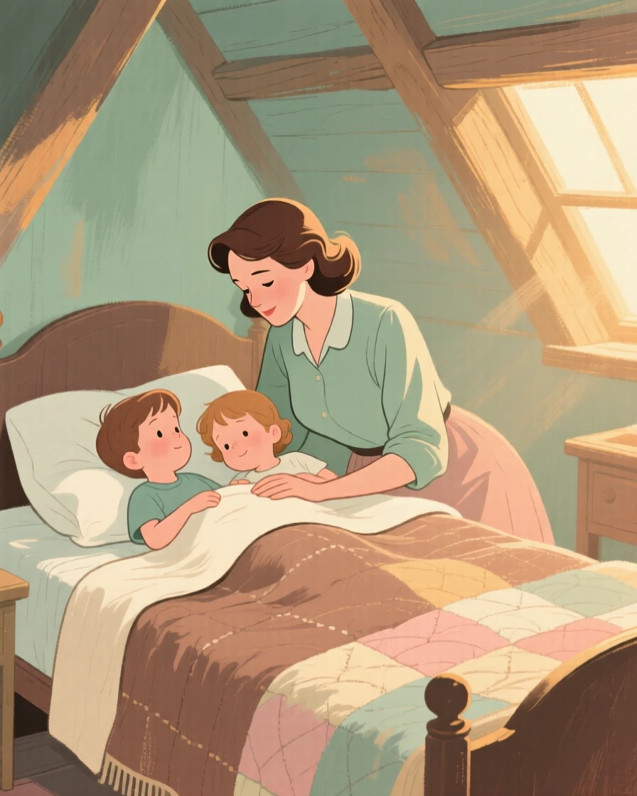 A mother tucking her children into bed in a cozy attic room
