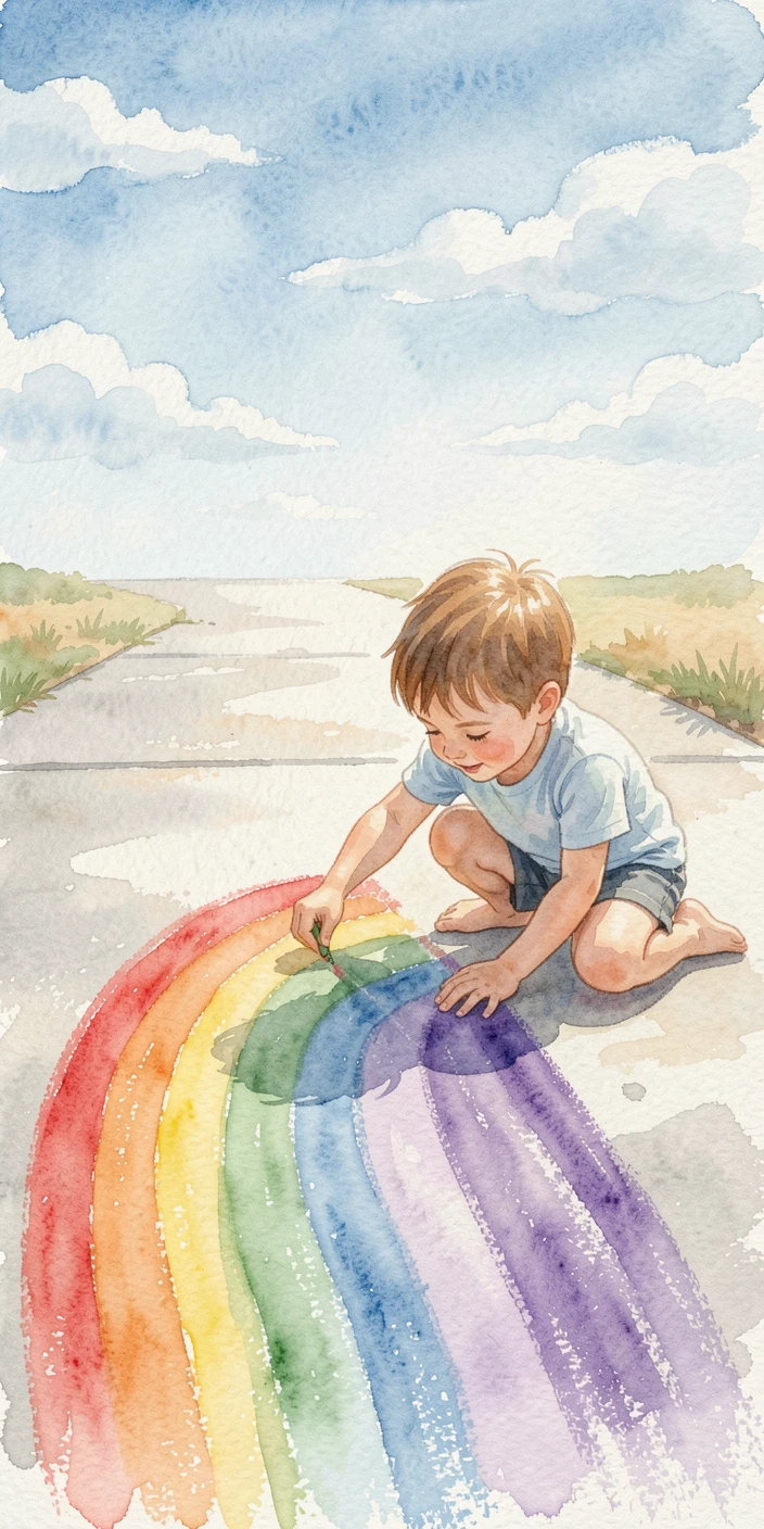 A child drawing a rainbow on a sidewalk with colorful chalk under a bright blue sky.