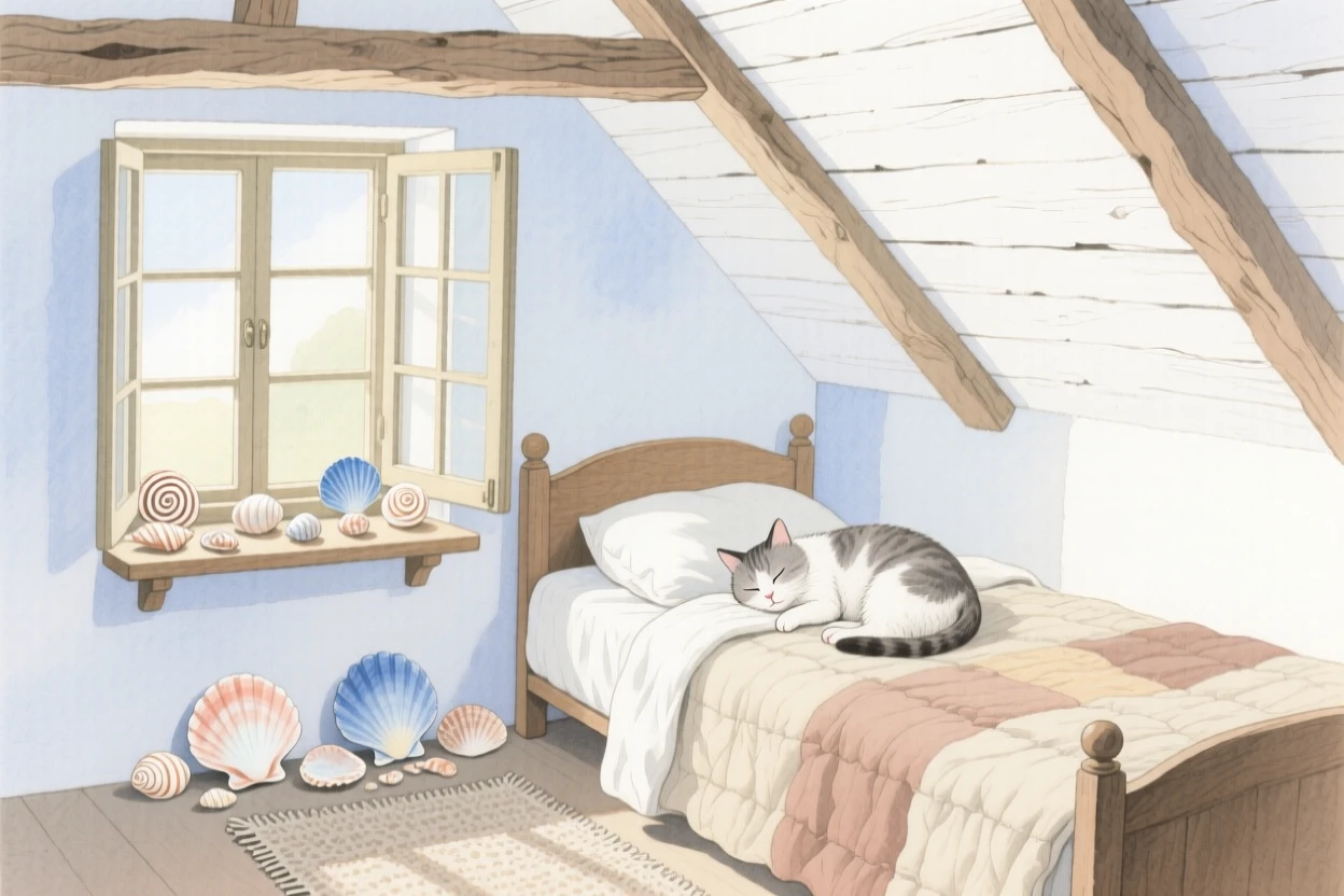 A charming view of a rustic attic bedroom, with a cat curled asleep nearby, featuring a collection of seashells on the windowsill