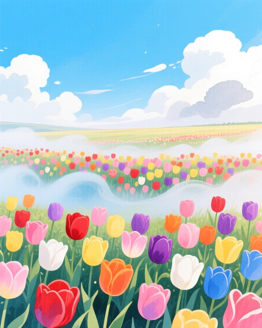 A field of tulips in every color under a bright blue sky, with gentle mist rolling low across the ground, inspiring a sense of calm and wonder.