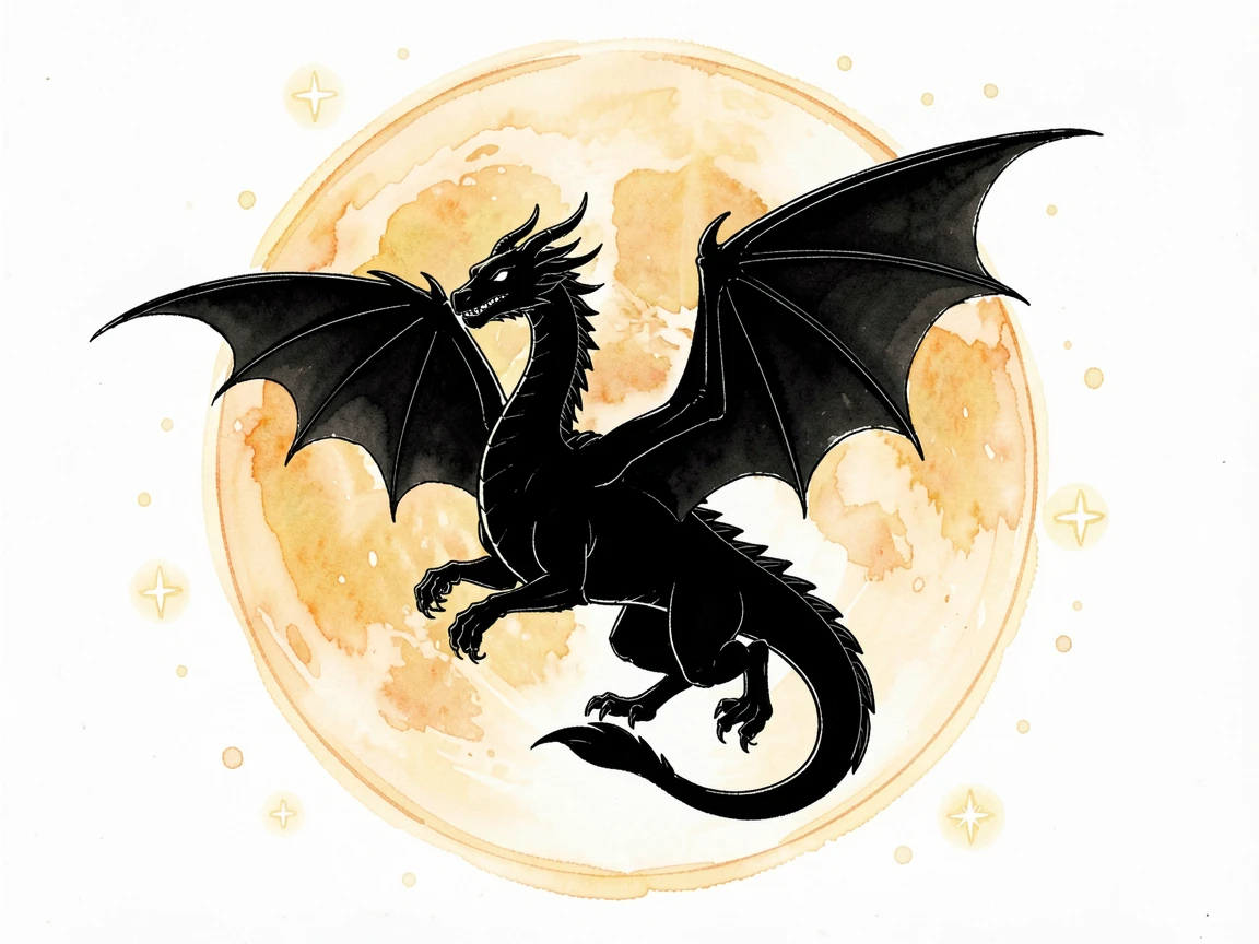 A dragon's silhouette crossing in front of a massive harvest moon, stars or glowing motes drifting gently through the air.
