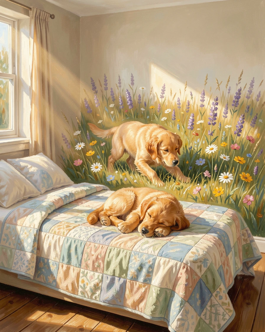 Atop a soft quilt in a sun-warmed bedroom, a golden retriever puppy playing in a sunlit meadow, it curling up contentedly for a nap, on a bright, sunny afternoon.