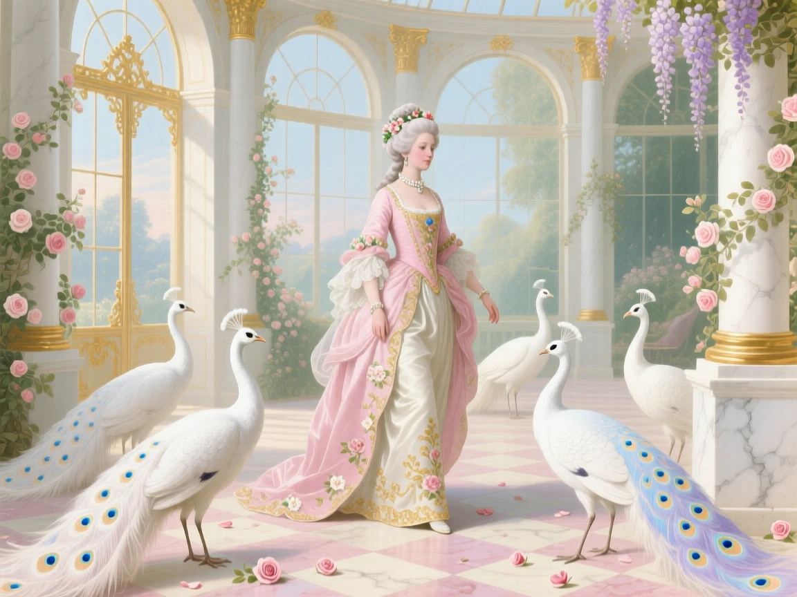A queen walking among white peacocks in a palace conservatory  
