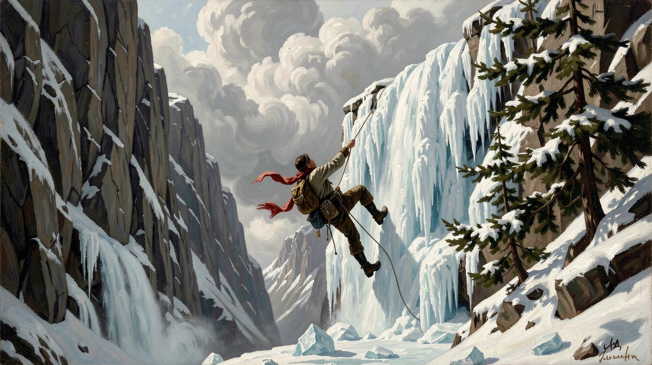 A lone climber descends carefully down a frozen waterfall clinging to the rock as an avalanche of cloud rolls past.
