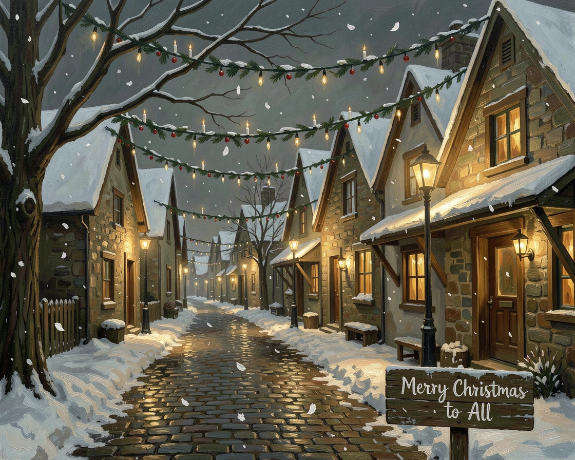 A quiet snowfall blanketing a small town as holiday lights glow in windows, as soft snow or flower petals drift gently through the air, evoking cherished holiday memories and nostalgic feeling
