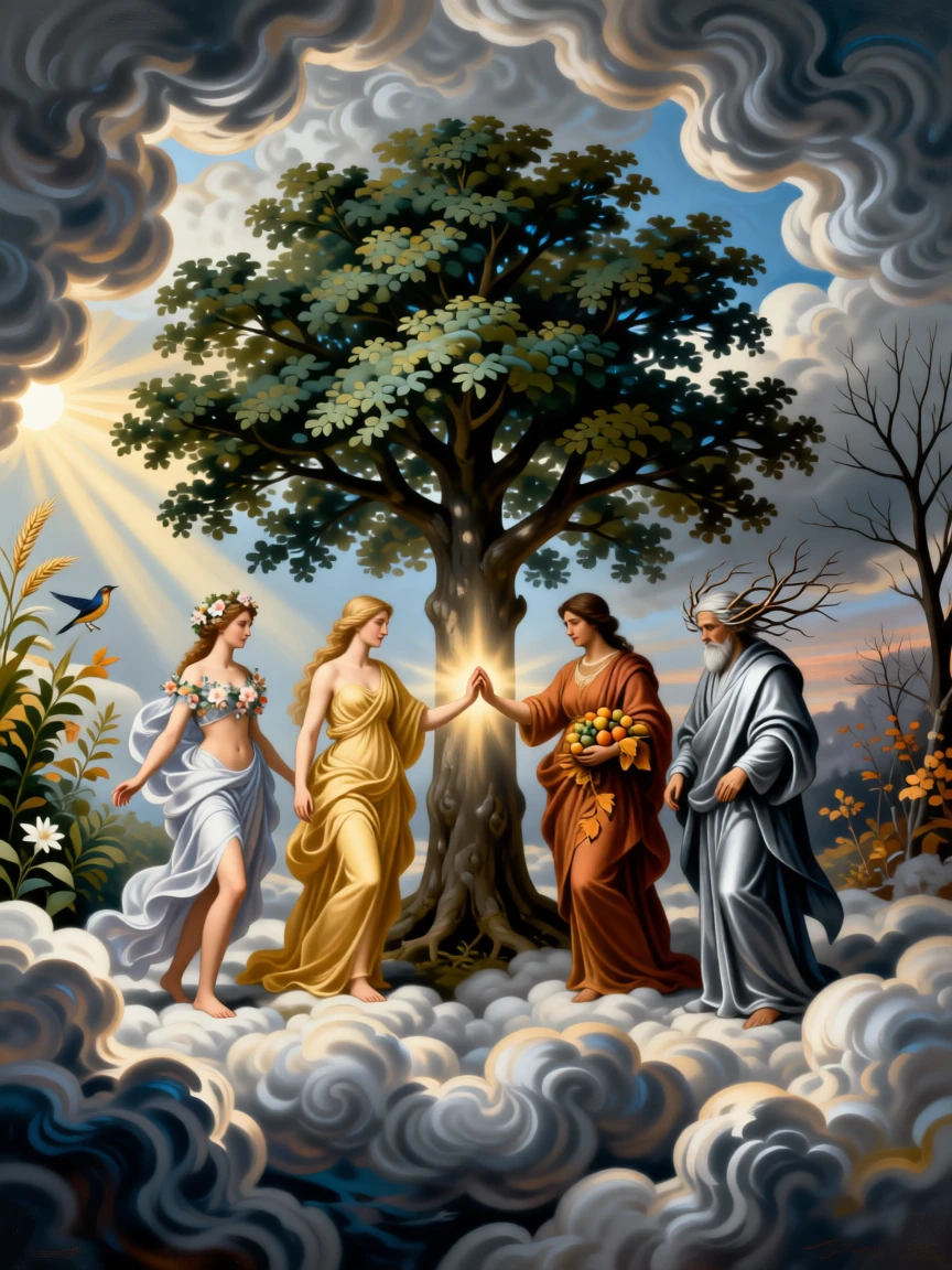 The allegory of the four seasons gathered around a central tree of life at the threshold between the mortal and the eternal, set amid swirling clouds suspended between earth and sky, with a single ray of light illuminating the central symbolic gesture; the composition balances opposing symbolic elements on either side of the central figure, capturing the eternal struggle between light and shadow.