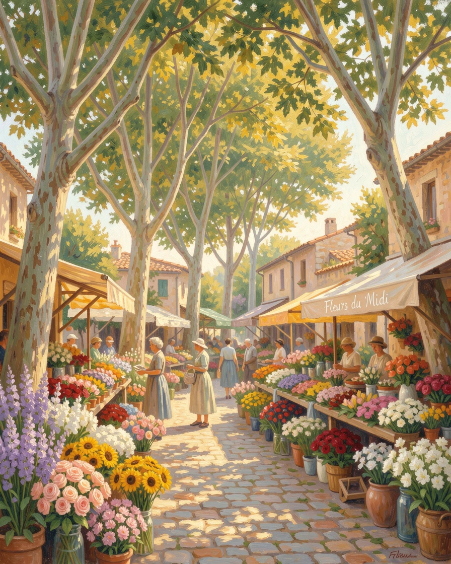 The colorful stalls of a Provençal flower market beneath plane trees on a sunny village square, in the lush green of midsummer, radiating serenity and gentle stillness.