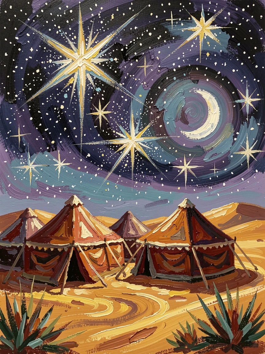 Traditional Berber tents pitched beneath the star-filled sky of the Sahara desert.