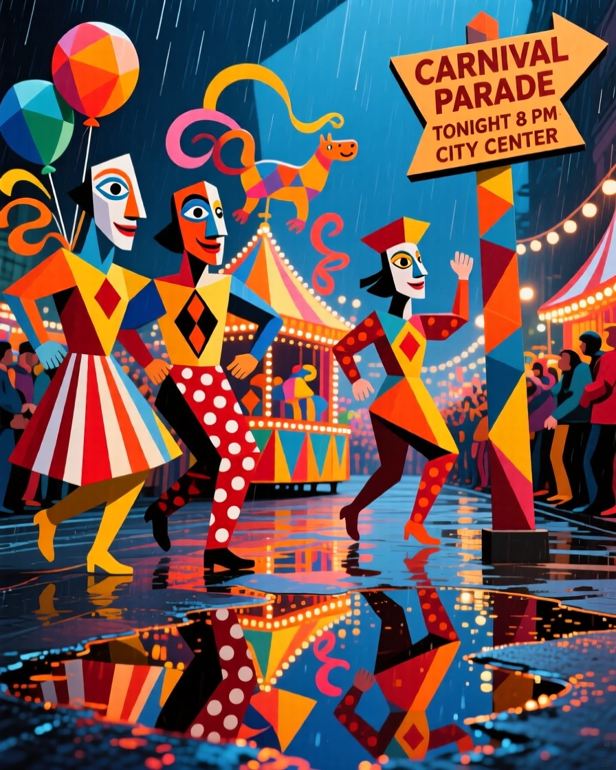 A vibrant scene of a colorful carnival parade reflecting colorful lights in puddles after rain.