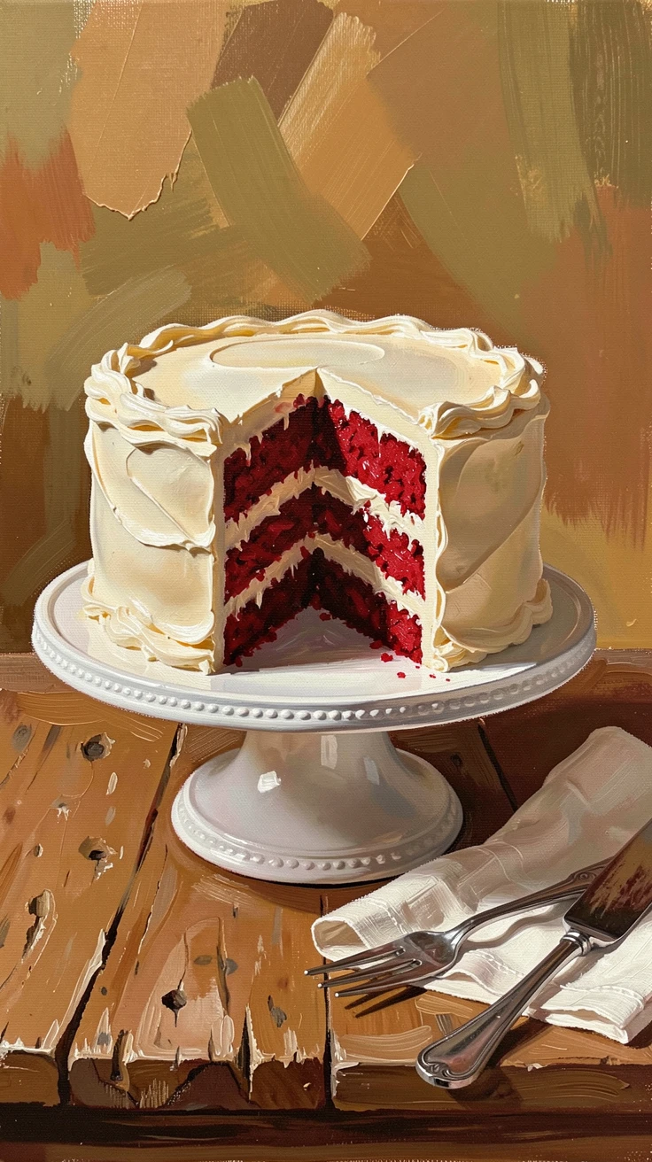 A decadent red velvet cake with cream cheese frosting sits on a cake stand, a single slice revealing its vivid crimson layers, a sense of warmth and hospitality conveyed through the careful arrangement of the meal.