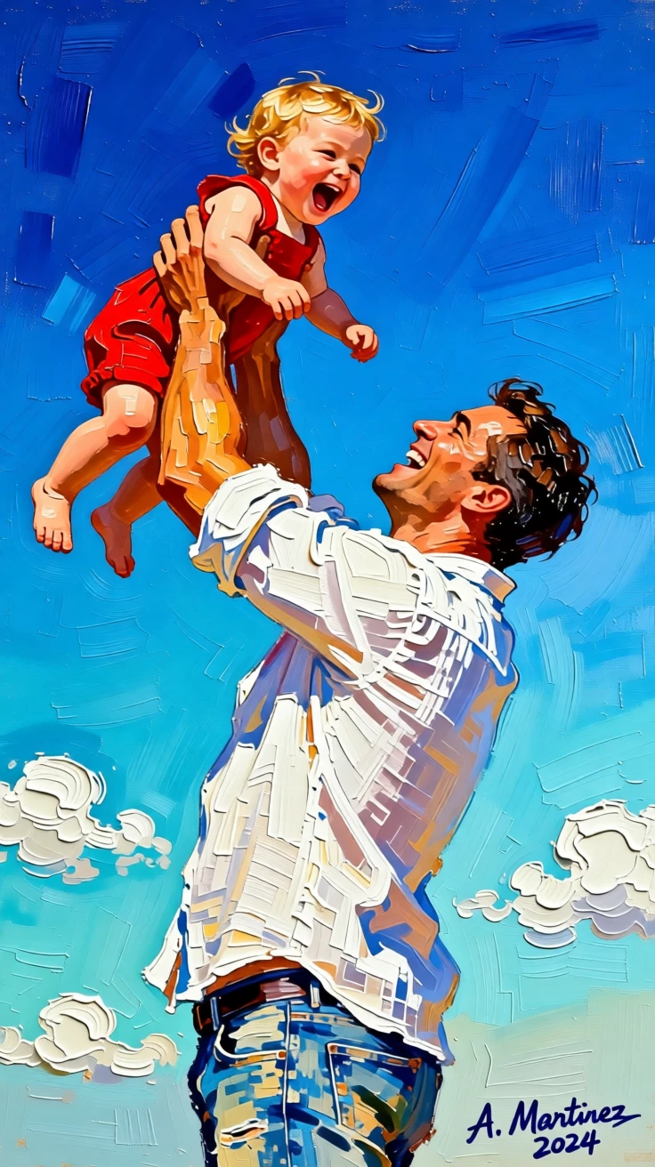 A father lifting his laughing toddler high into the air against a blue sky