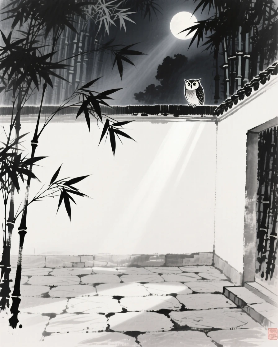 Moonlight filters through bamboo leaves onto a quiet stone courtyard, as an owl calls from somewhere deep in the trees.