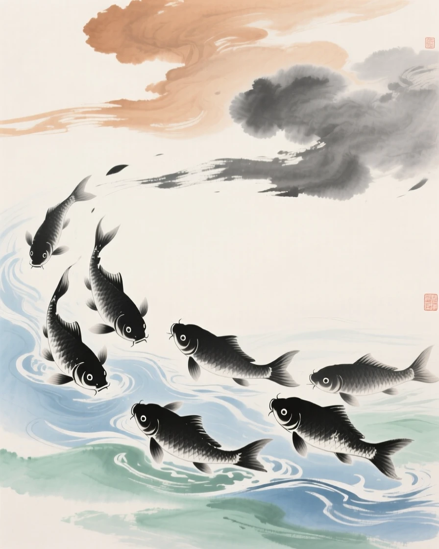 A group of carp swimming upstream against a gentle current, beneath low hanging clouds.