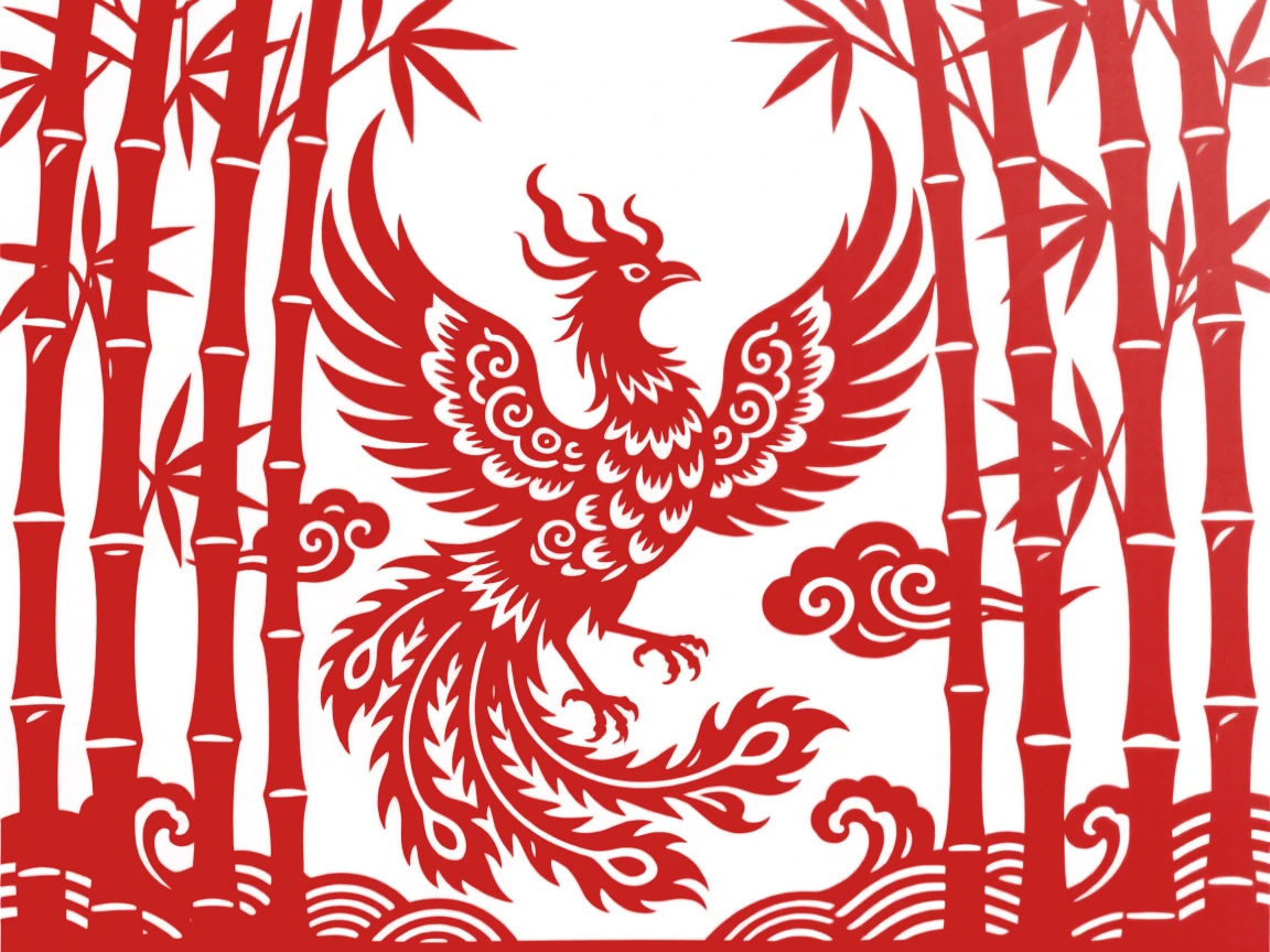 A phoenix of living flame, woven through a forest of impossibly tall bamboo, wrapped in an aura of timeless wonder.