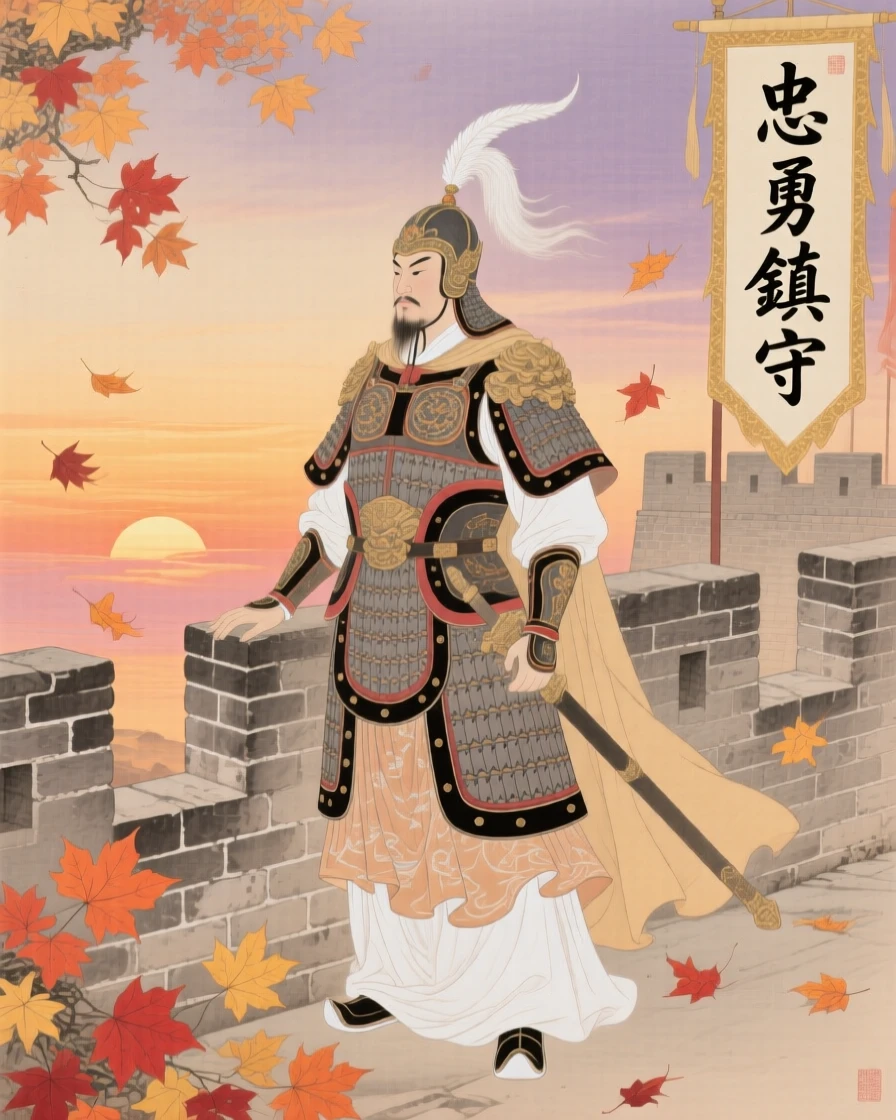 A general in ceremonial armor standing atop a fortress wall at sunset, surrounded by falling autumn leaves