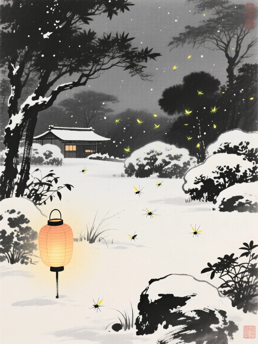 A summer evening filled with the glow of fireflies within a snow-dusted garden, composed with warm lantern light glowing against a cool evening, capturing the quiet magic of a changing season.