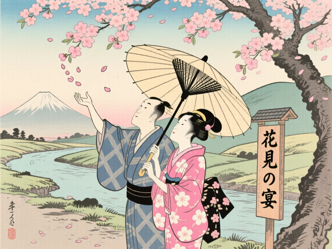 A couple sharing an umbrella reaching up to catch falling cherry blossom petals.