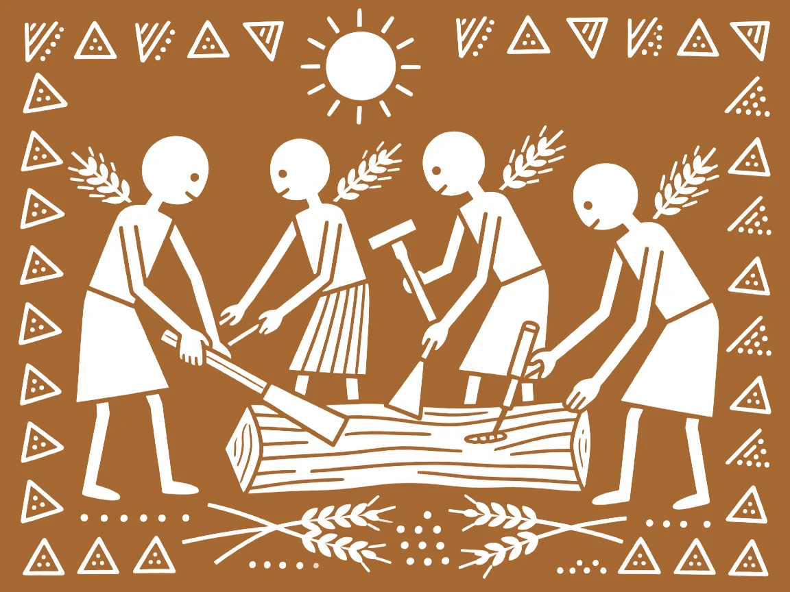 A group of harvesters carving a wooden tool by hand.