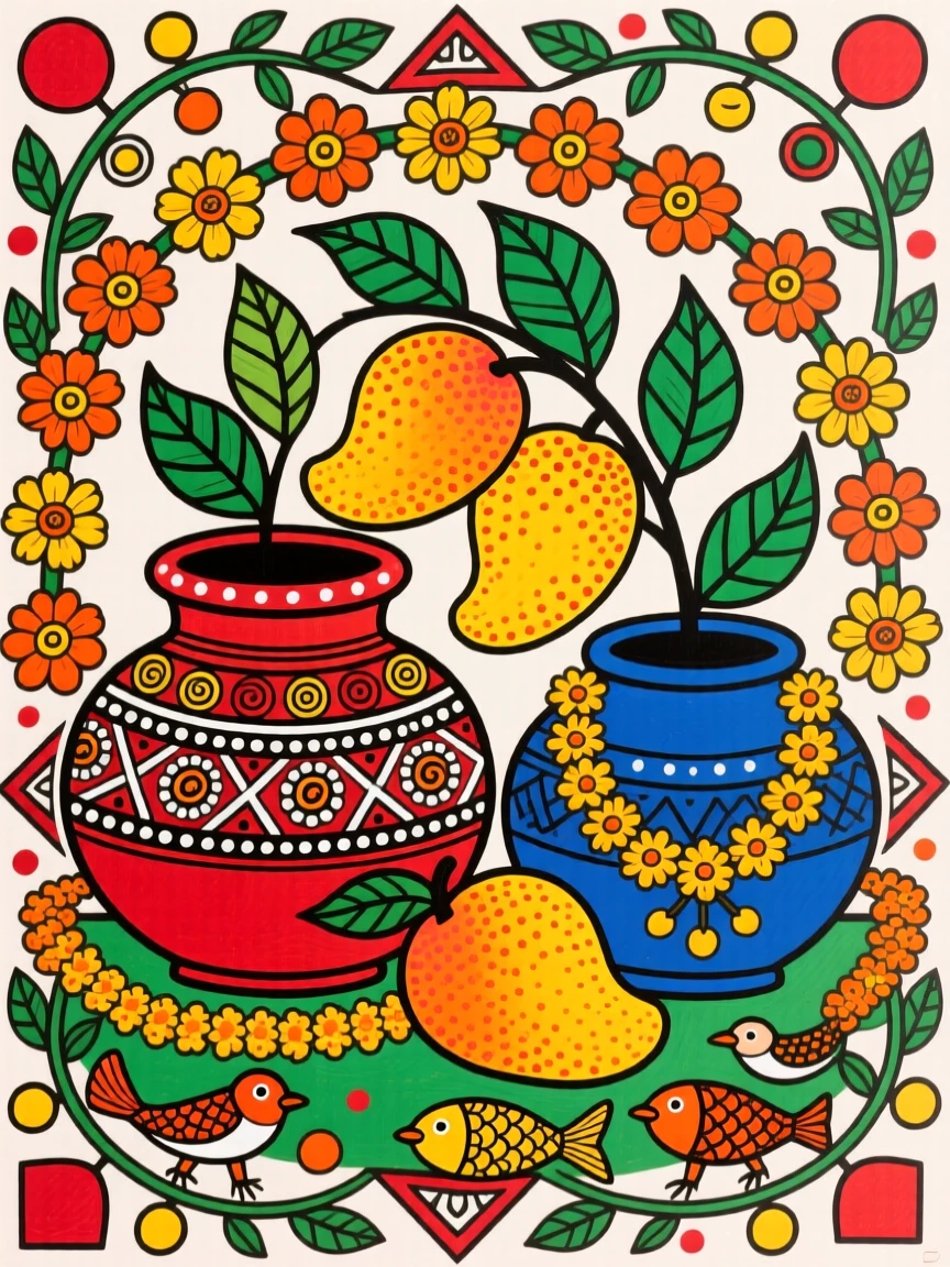 A still life of clay pots, ripe mangoes, and marigold garlands.