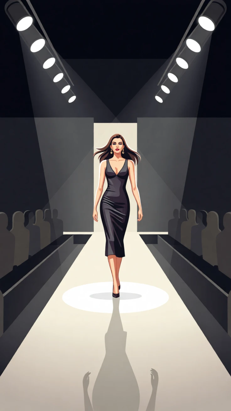 A model striding confidently down a runway under clear lights