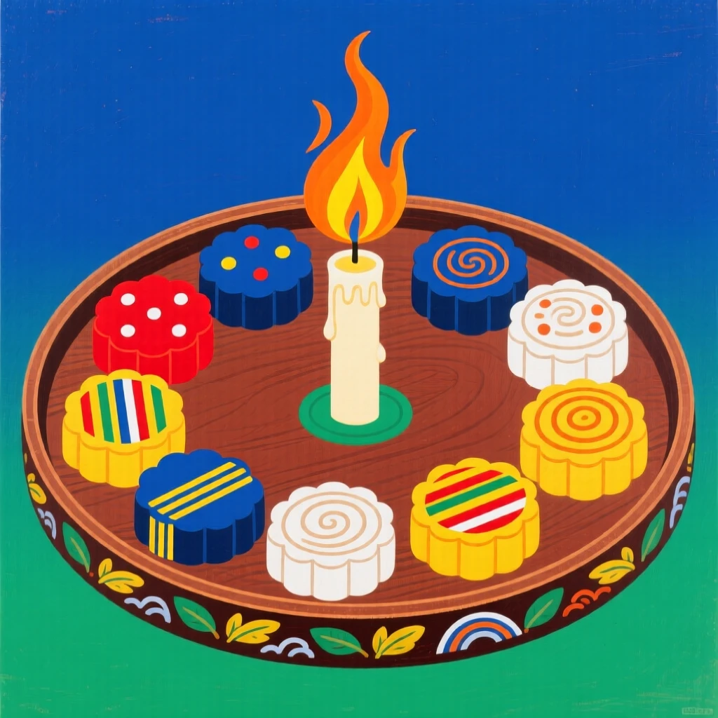 A tray of small mooncakes arranged around a lit candle.