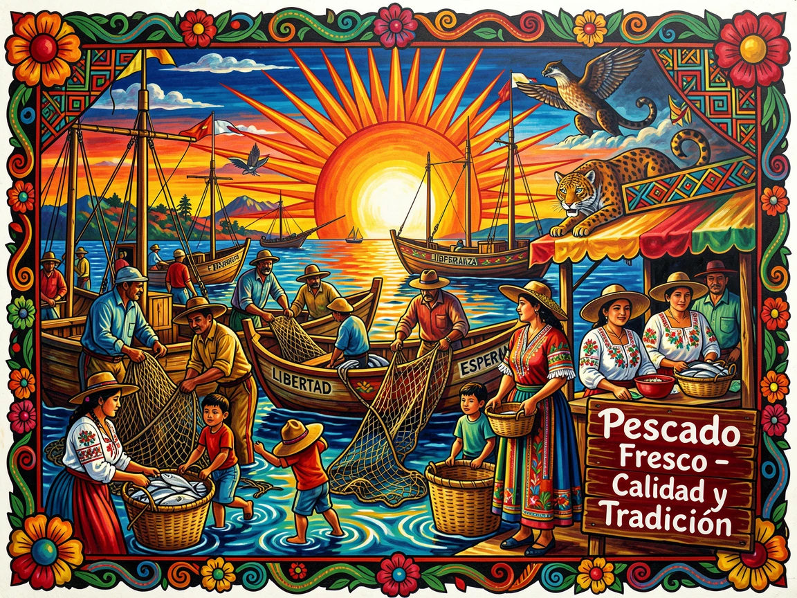A fishing harbor bustling with activity at dawn