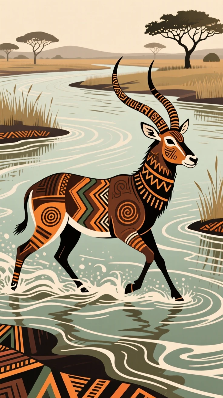 A waterbuck crossing a wide river.