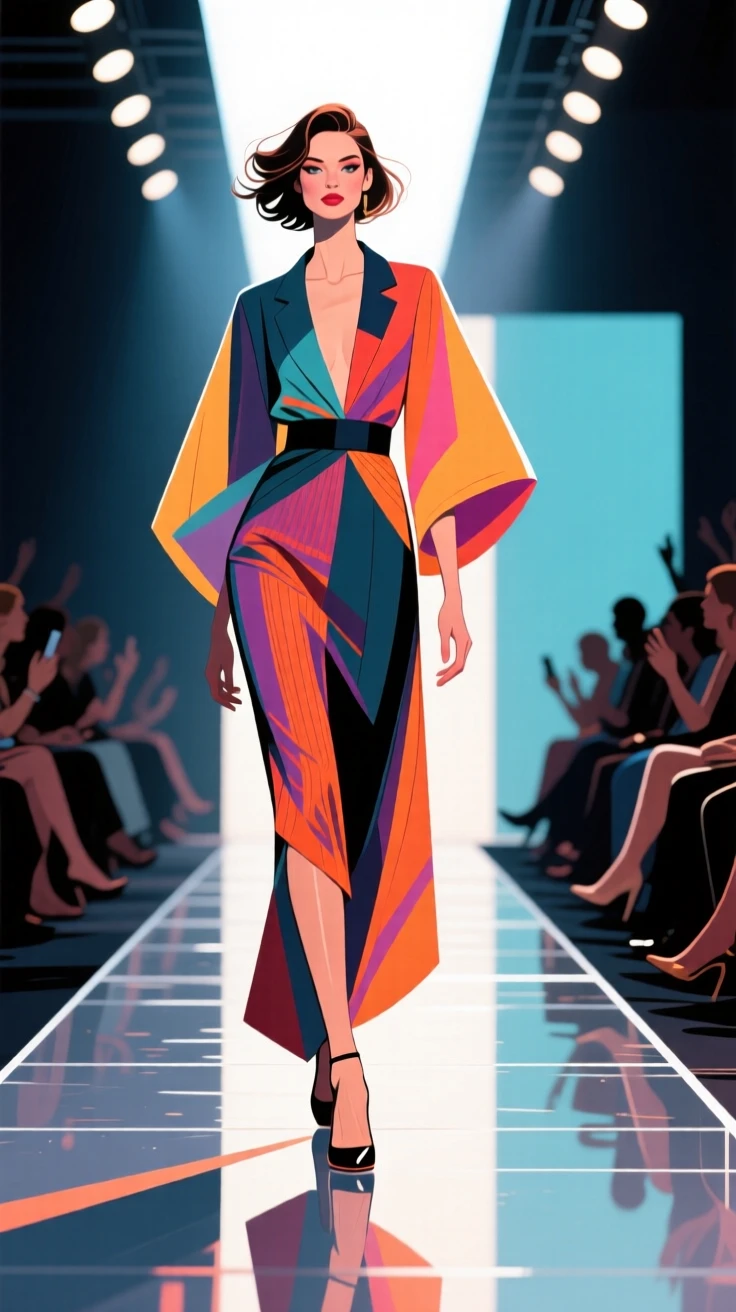 stylized illustration of a model striding confidently down a runway under clear lights