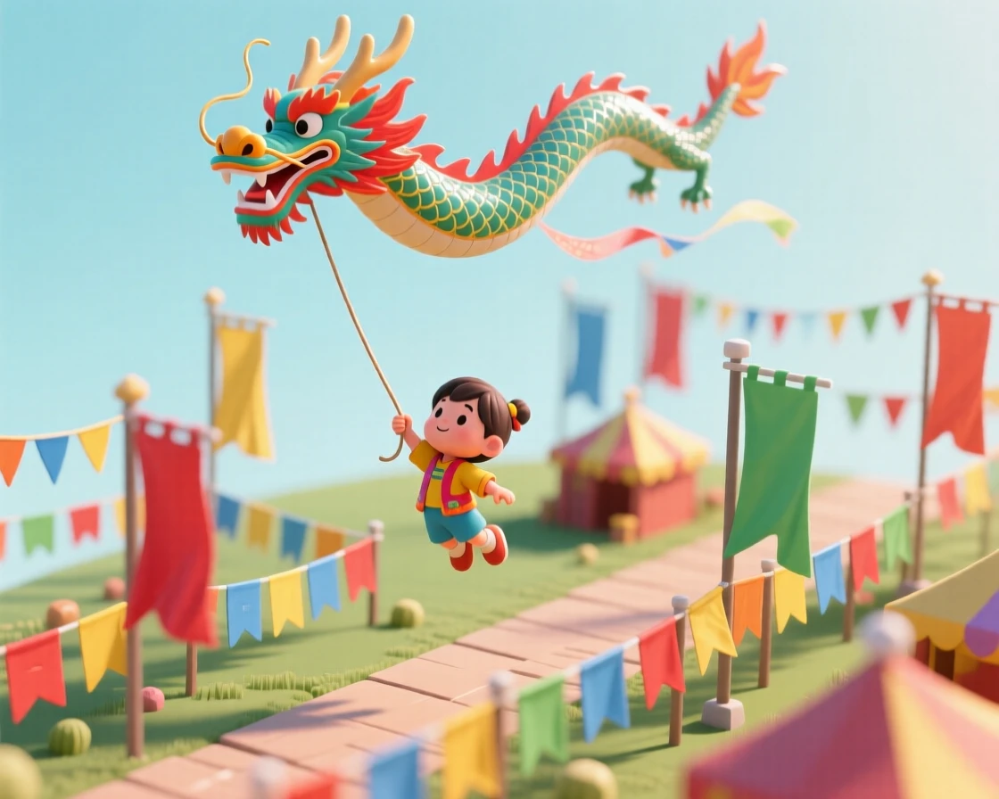 A dragon-shaped kite pulling a child high into the sky above a festival of colorful banners.