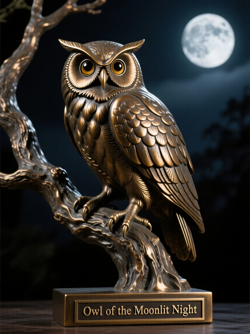 An owl perched silently on a moonlit branch, in a moment of raw, untamed beauty, evoking wonder and majesty
