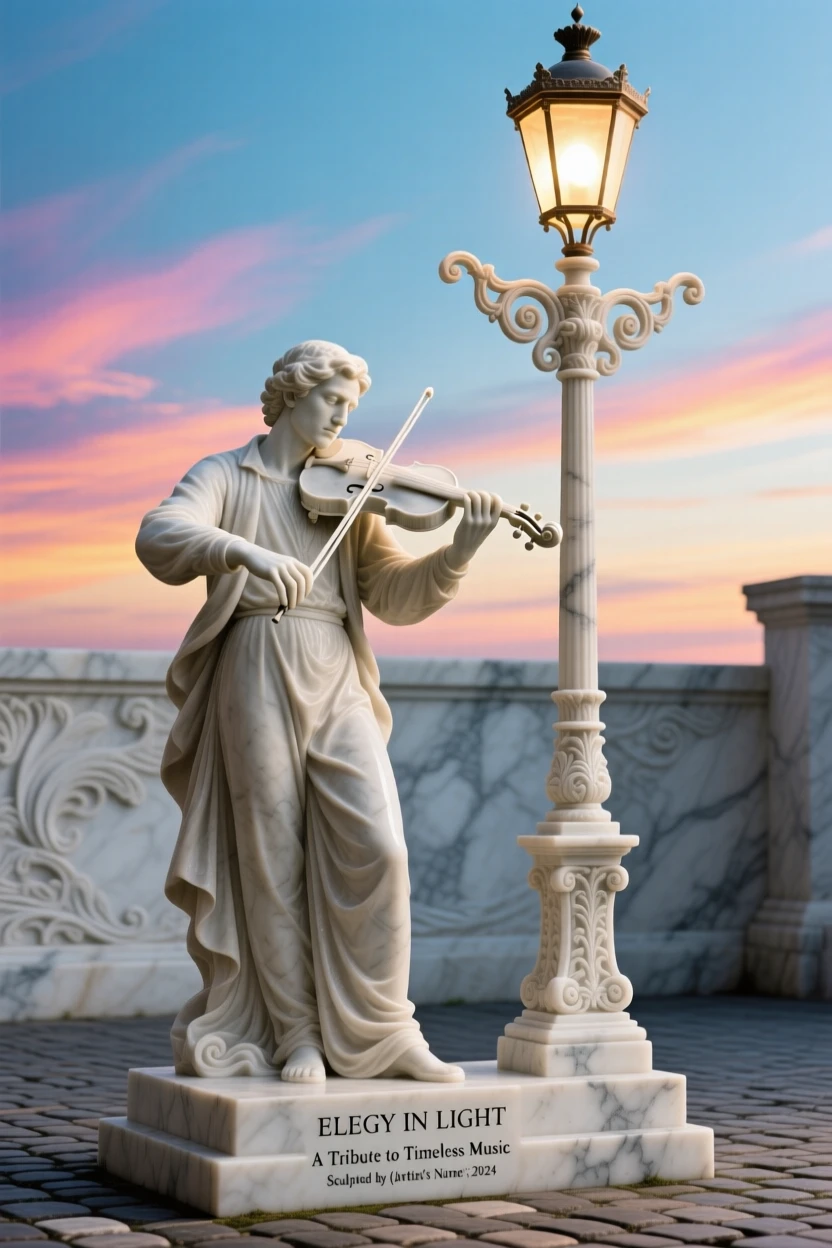 A beautifully composed image of a violin player performing beneath a streetlamp, under a brilliant, colorful sky, full of atmosphere and visual storytelling