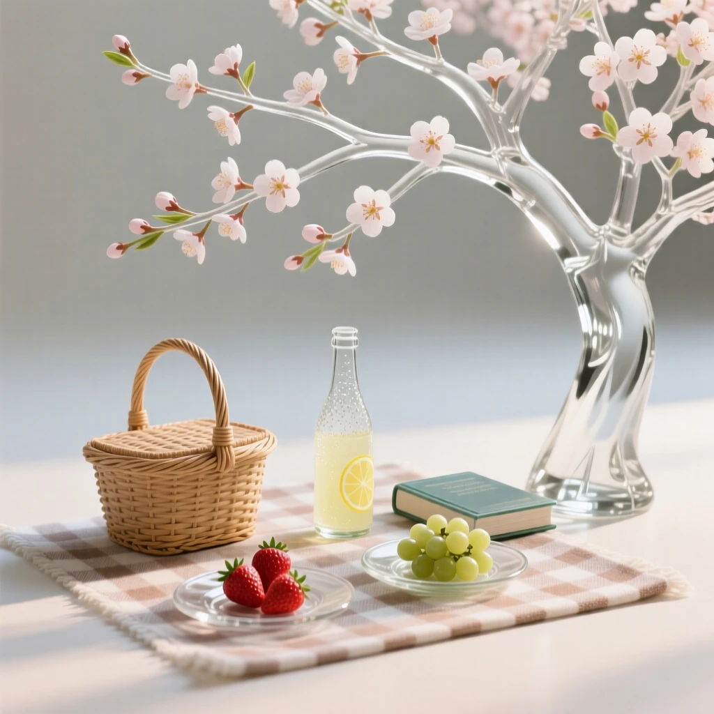 A picnic spread beneath a blooming cherry tree in spring, as the first blossoms of spring begin to open