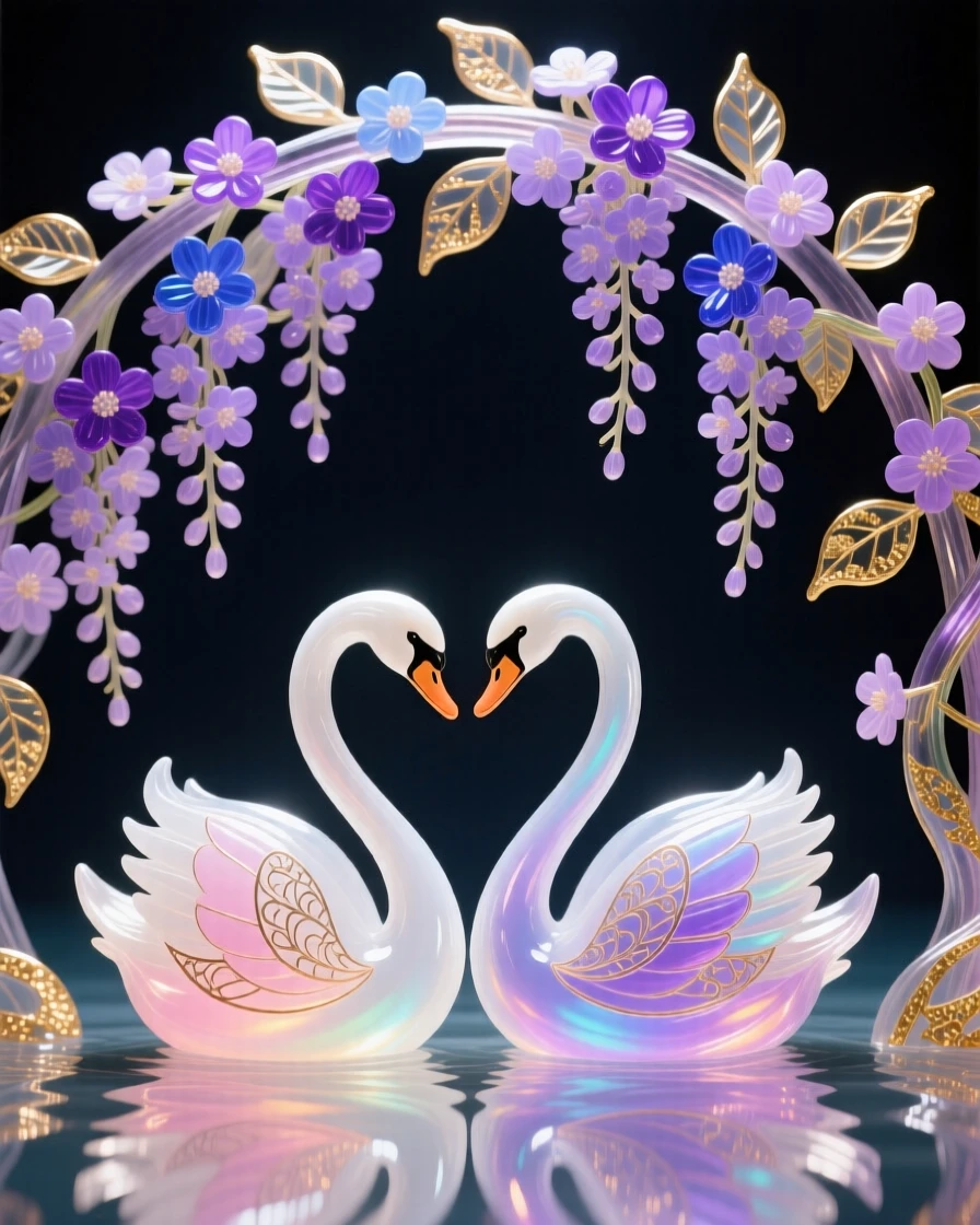 A pair of swans gliding together beneath a blossoming wisteria arch, romantic and dreamy.