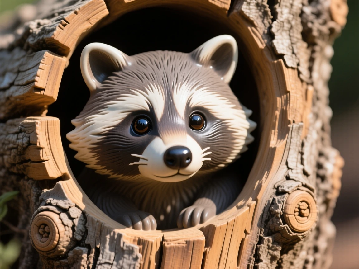 A raccoon peering from a hollow log stretched out in warm afternoon light, its ears tilted forward in attention, stirring a feeling of gentle wonder.
