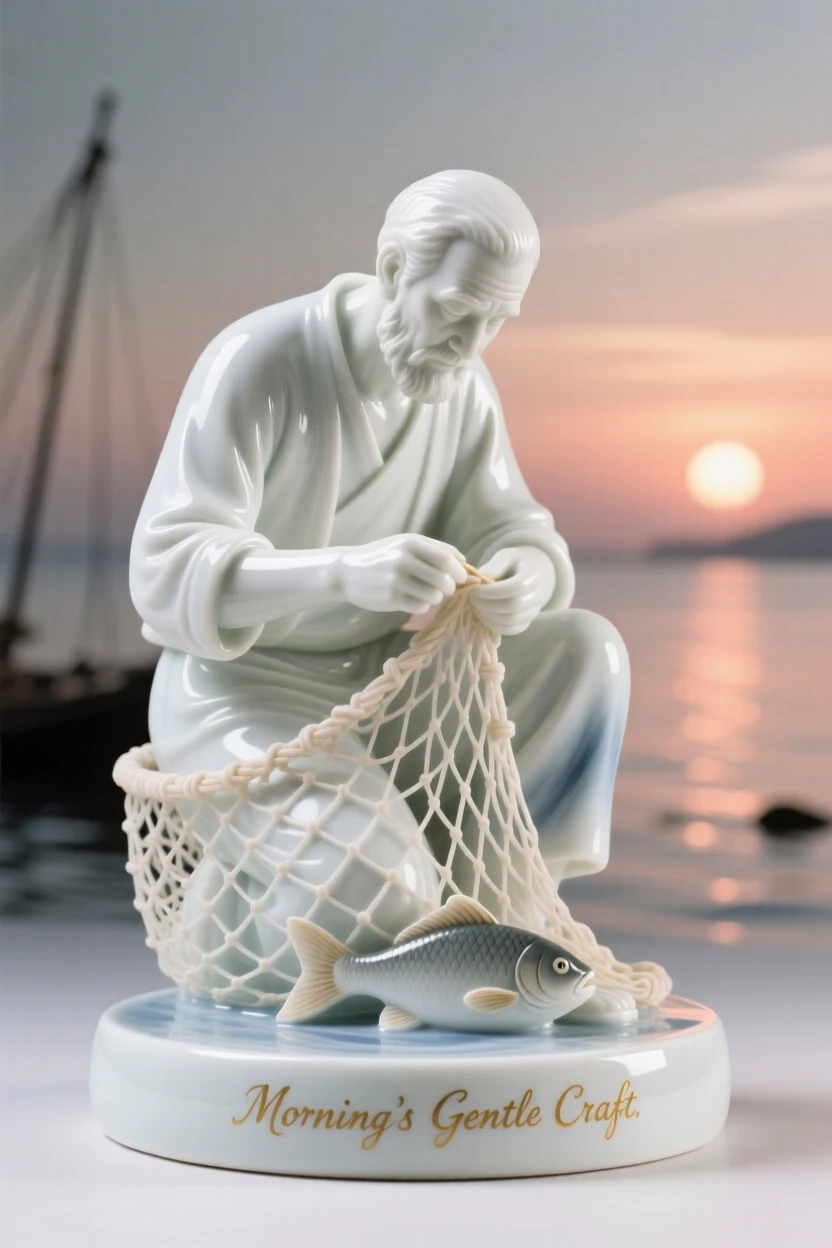 An everyday moment of quiet beauty: a fisherman mending nets at sunrise, quiet, warm, and full of gentle charm.