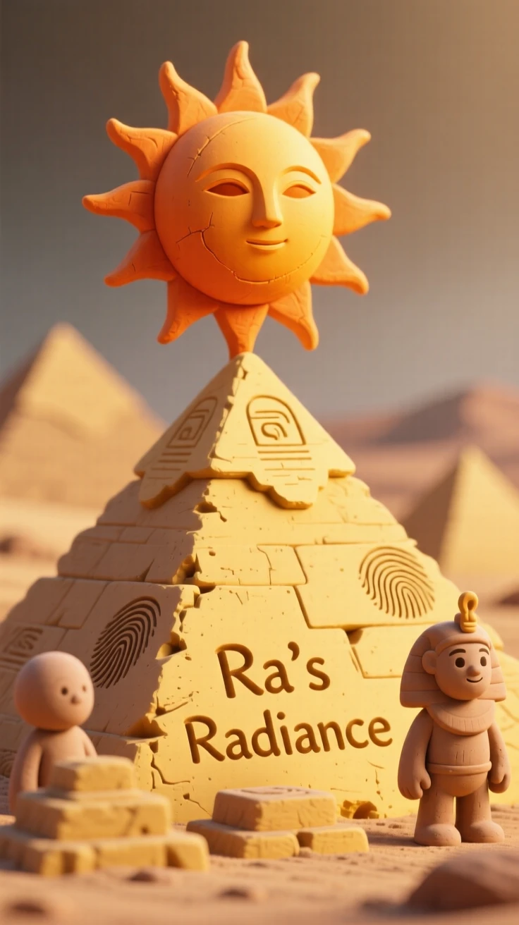Ra's sun disk rising over golden desert pyramids