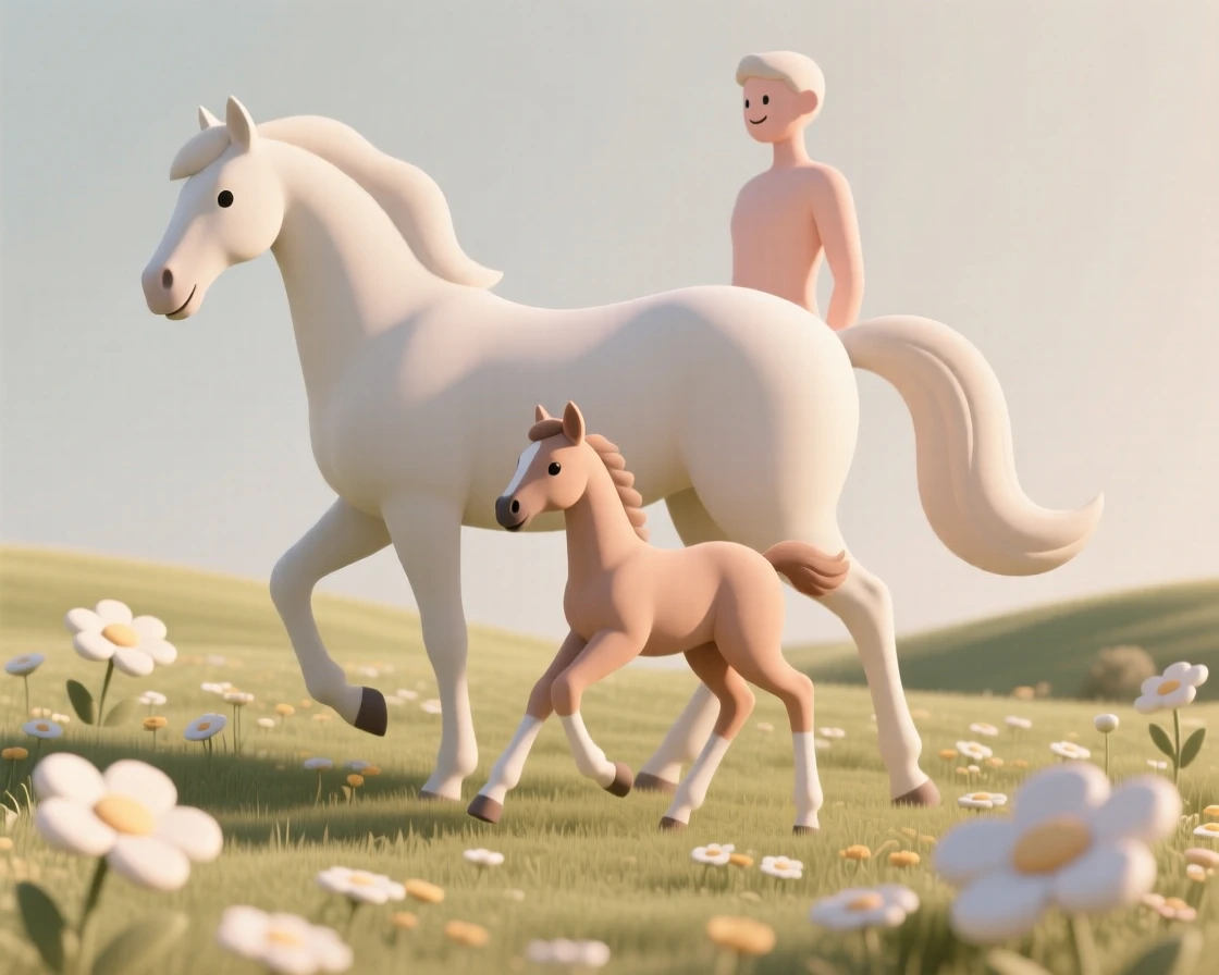 A gentle centaur foal trots alongside its mother through a sunlit meadow of wildflowers, tail swishing happily.