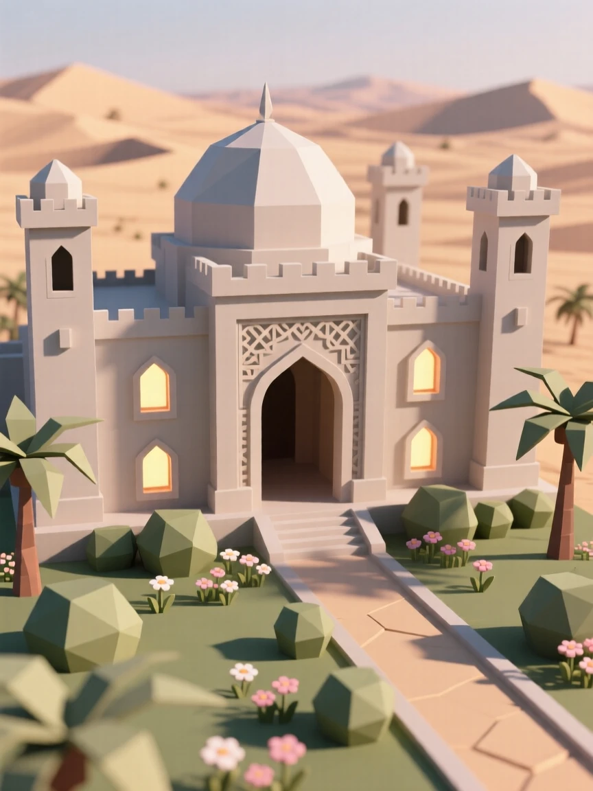 A vast desert palace with intricate carved archways, surrounded by blooming spring gardens. warm window lights add a cozy glow to the scene. There is a warm sense of nostalgia.