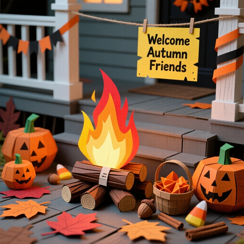 A spooky Halloween porch display filled with the golden light of a bonfire, with the scent of seasonal treats filling the air, capturing the spirit of gratitude and joy.