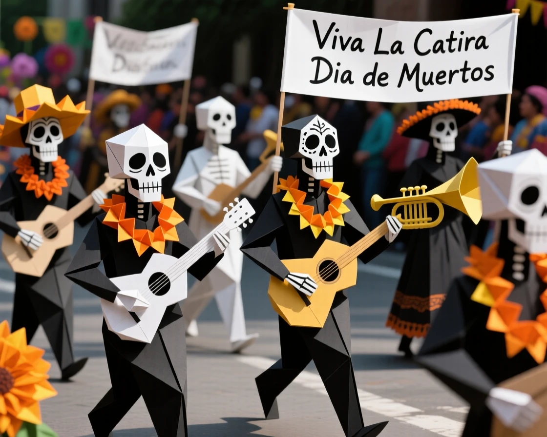 A Mexican Day of the Dead parade scene with skeleton-painted faces and marigold garlands.