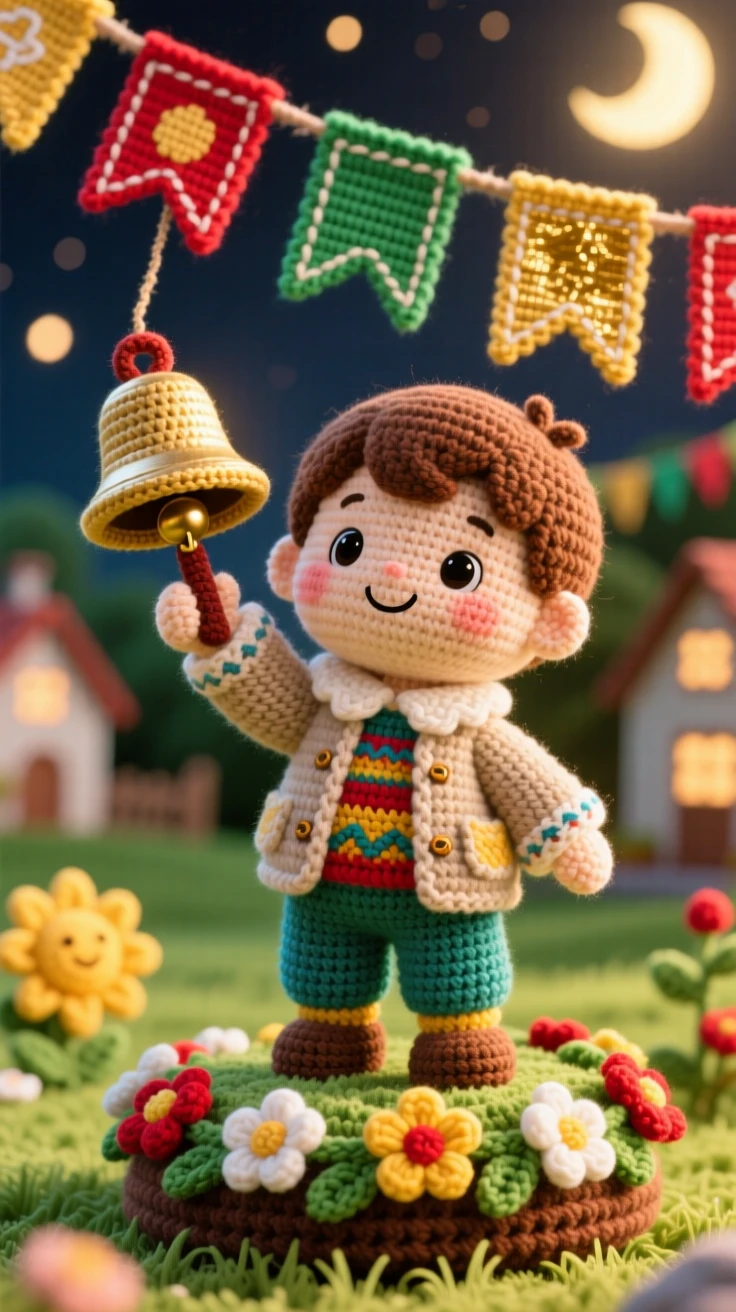 a small boy holding a small ceremonial bell, for a New Year celebration, is shown ringing it joyfully at midnight in a sunlit village green decorated with banners beside a garland of woven flowers draped nearby, capturing warm cultural pride and festive belonging.