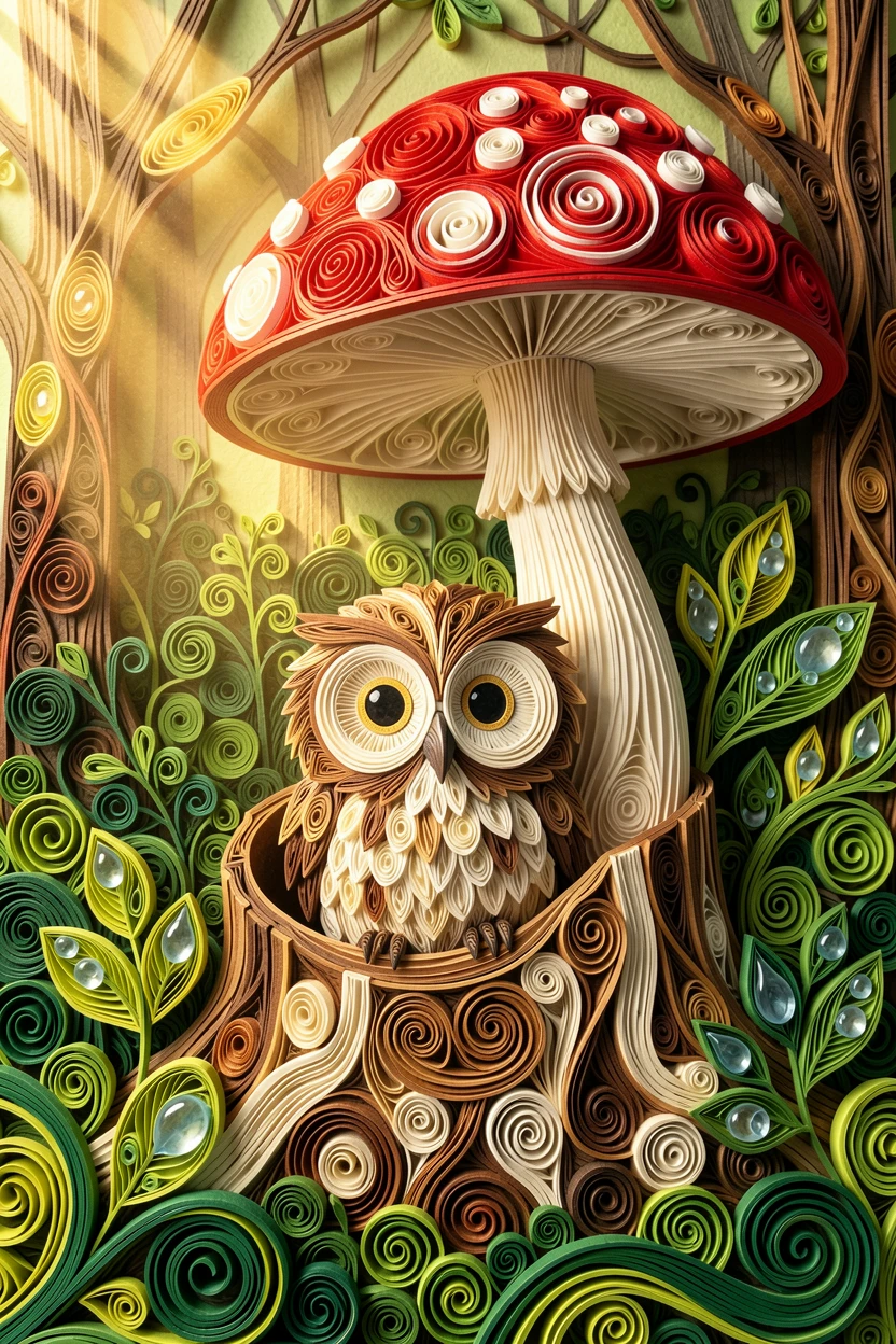 A heartwarming scene of a wide-eyed baby owl peeking out of a tree hollow beneath a giant mushroom in a mossy forest, with soft rays of golden light filtering in from one side, with soft dewdrops glistening on nearby leaves.
