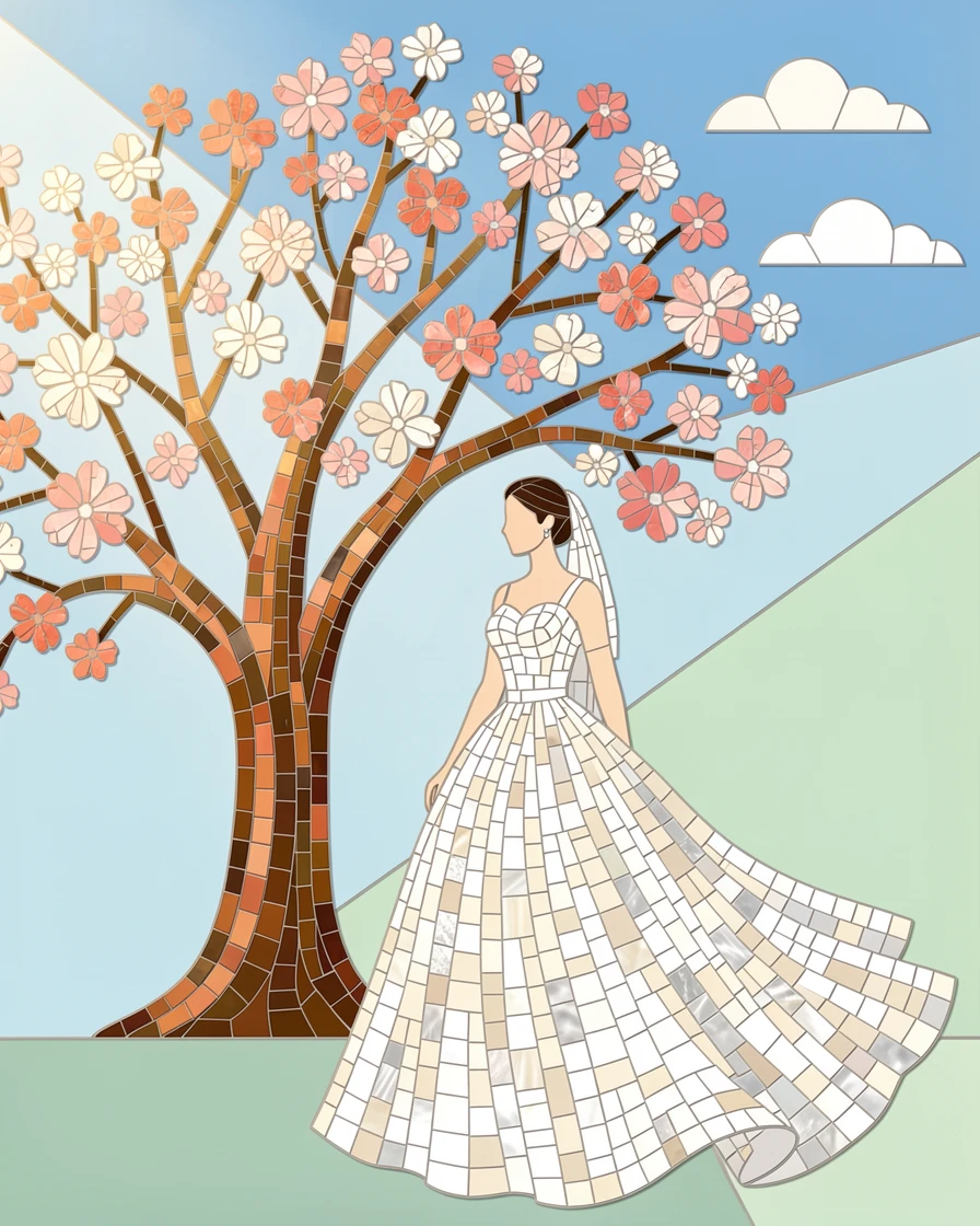 A bride in a flowing white gown standing beneath a blossoming tree.