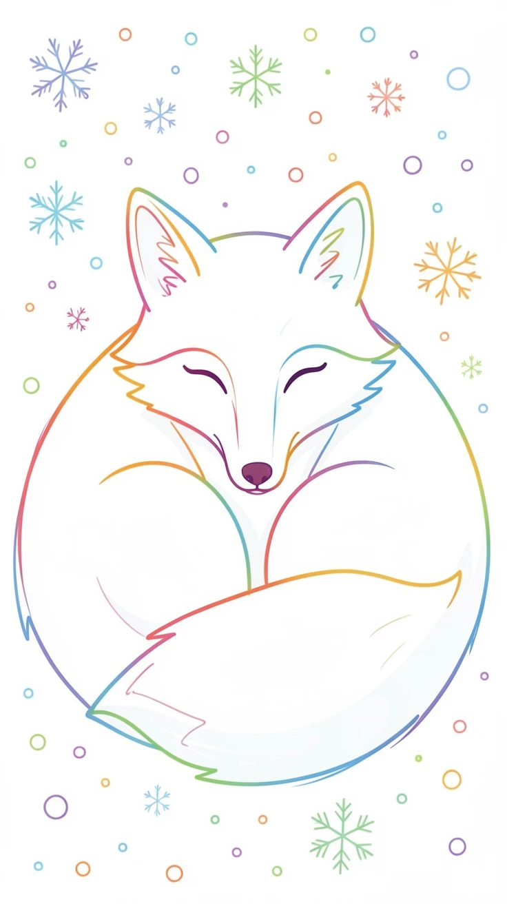 A close-up of a snow fox curled up against a backdrop of falling snow.