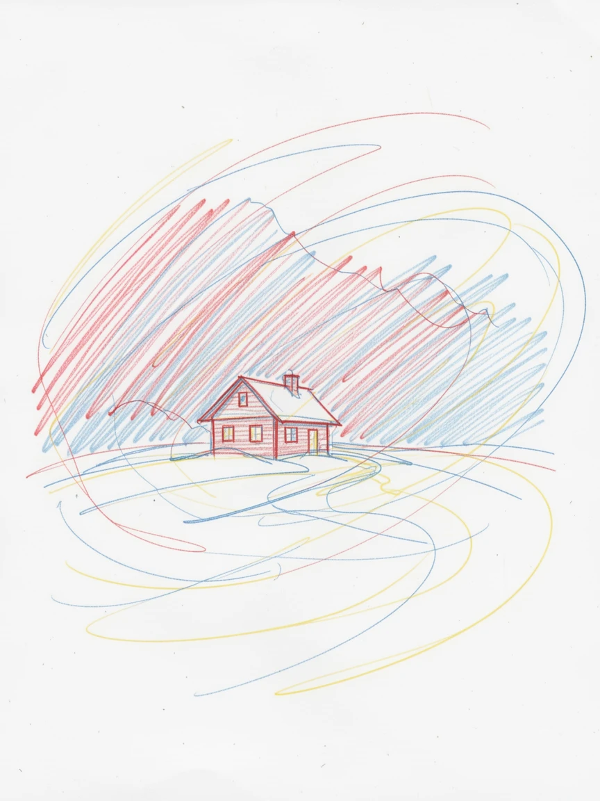 A winter whiteout blizzard swirling around a distant mountain cabin