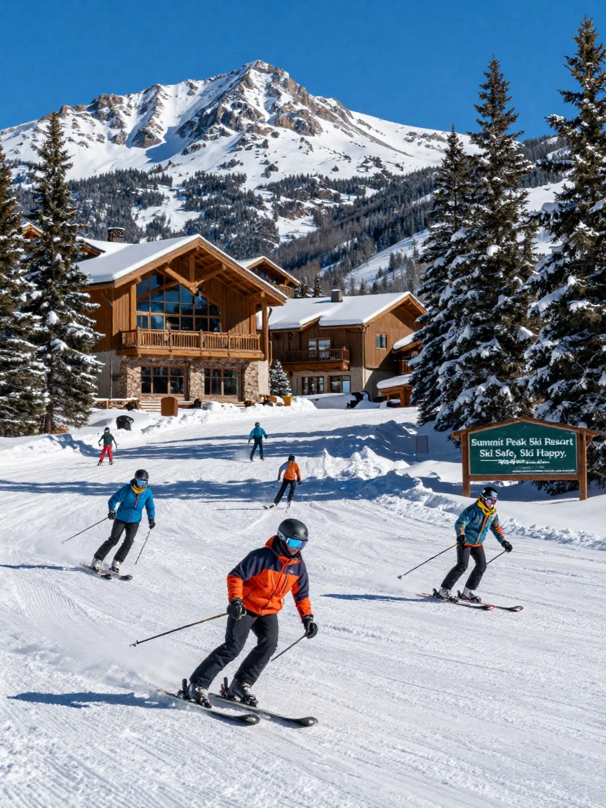 A Colorado ski resort with skiers carving fresh powder